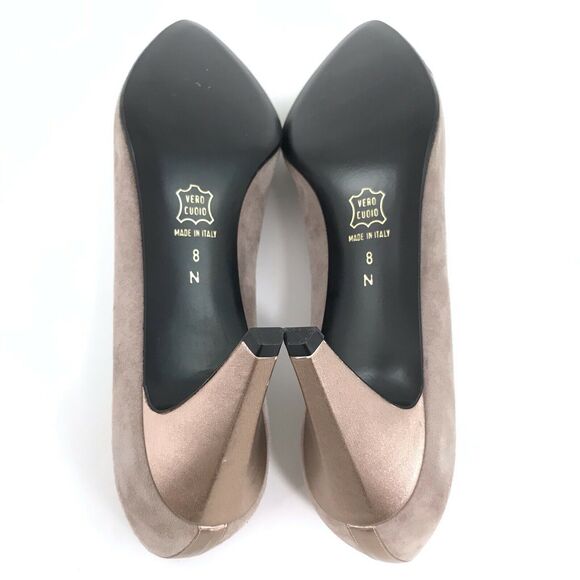 Bally Italy Suede Pumps Taupe Rose Gold Slip On Heels Bow Womens Size 8N - Picture 7 of 11